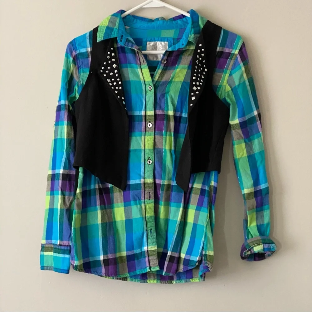 Justice Girls Button-up Plaid Shirt with a Studded Vest Size 14